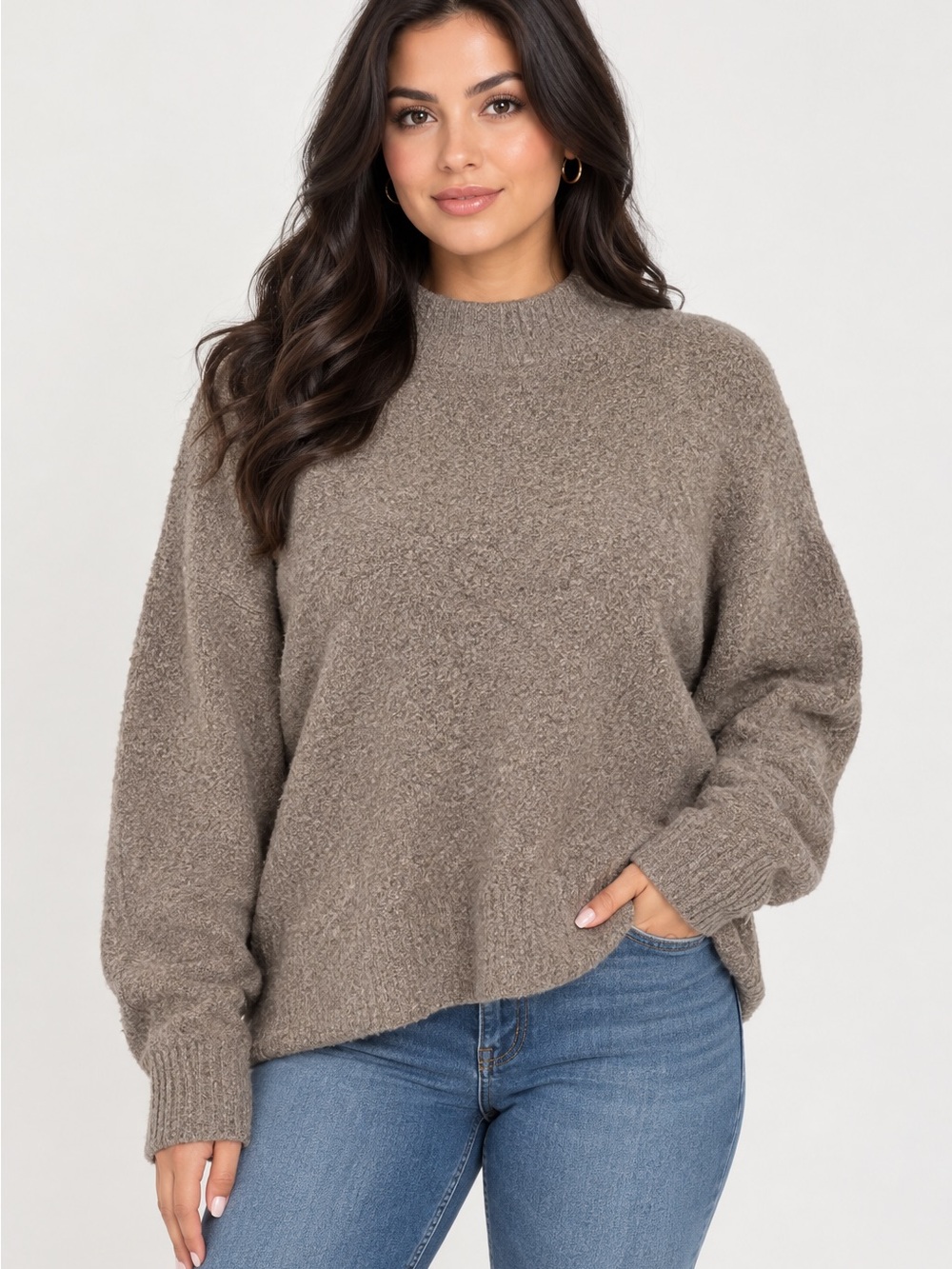 Kismet Cozy Taupe Drop Shoulder Mock Neck Sweater